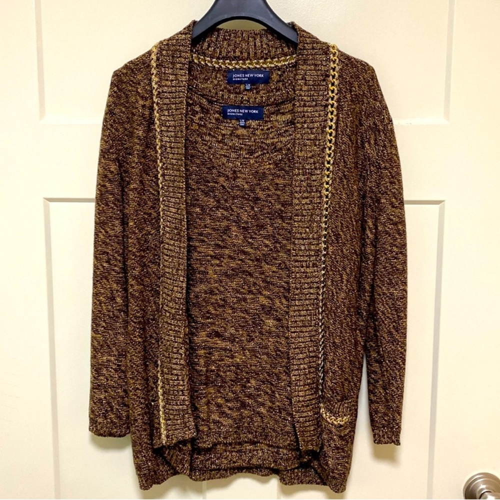 NWOT Jones New York Brown w/ Gold Chain Accents Cardigan Tank Sweater Set Size L